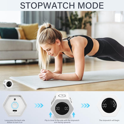 Rotating Pomodoro Timer 5, 25, 10 30,60 Mins Preset Stopwatch, Desk Flip ProductivityTimer, ADHD Tool Hexagon, Vibration/Mute/Alarm, for Work, Study, Back to School, Kitchen, Black