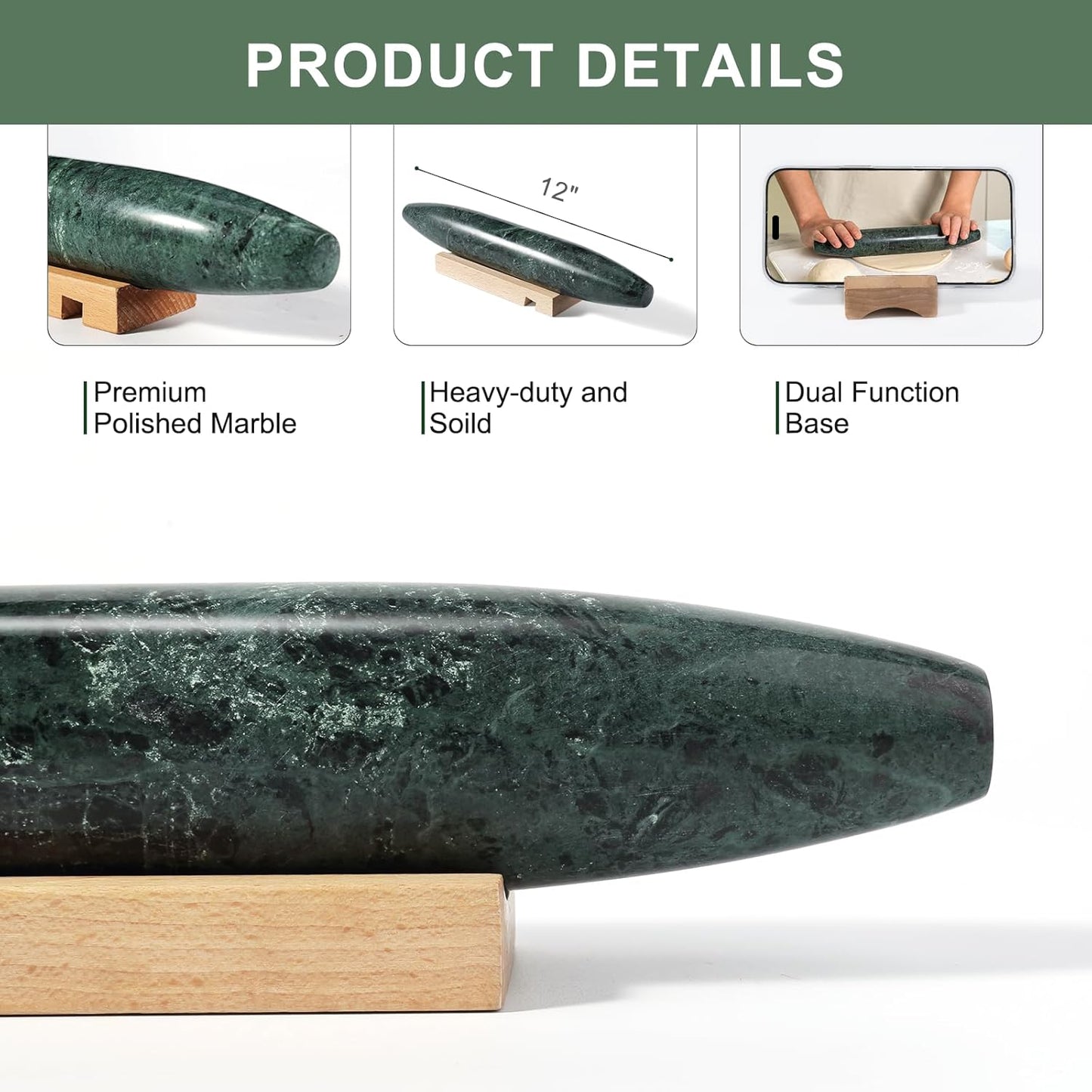 Marble French Rolling Pin for Baking, 12 Inch Non Stick Polished Rolling Pin for Dough, Heavy Dough Roller for Fondant Pizza Pie Crust Cookie Pastry Bread, Kitchen Baking (Indian Green)