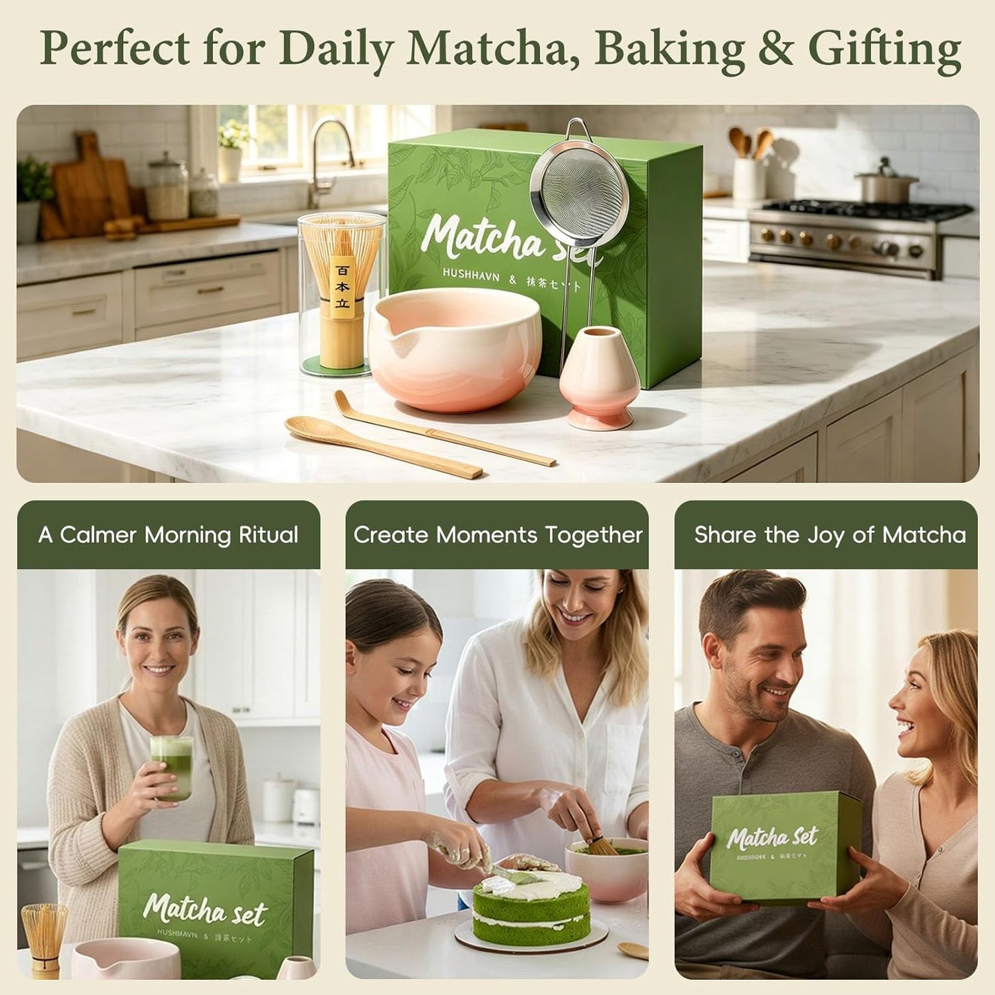 Matcha Whisk Set, Ceramic Matcha Set Includes Bowl & Holder, Bamboo Whisk (Chasen), Scoop, Spoon and Sifter, 6PCS Matcha Kit Covers Everything Needed for Making Matcha (Green)
