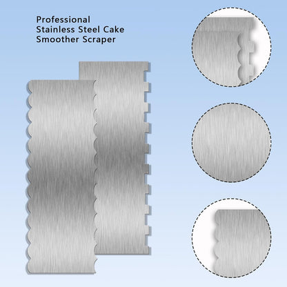 9 Inch Stainless Steel Cake Scraper, Cream Cake Scraper Sided Patterned Edge Stripe Edge Smoother Scraper Cake Smoother Frosting Scraper Cake Decorating Comb for Mousse Butter Cream