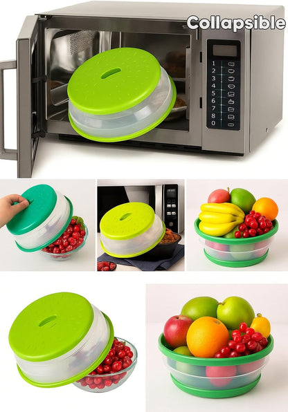 Dependable Industries' 2-in-1 Collapsible Microwave Splatter Guard Cover & Vegetable Washing Colander: The Ultimate Space-Saving Kitchen Essential (Gray)