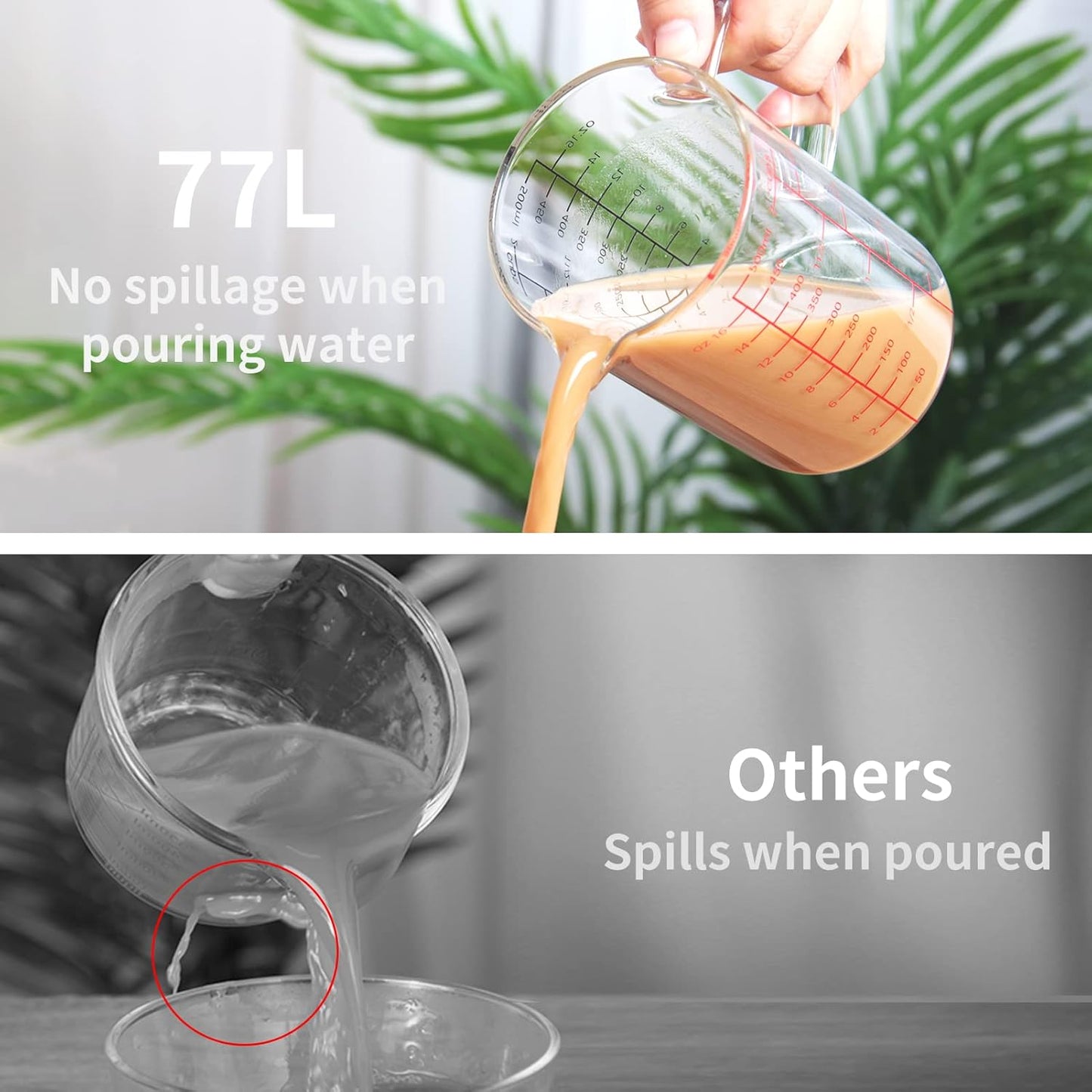 77L Glass Measuring Cup, [Insulated handle, V-Shaped Spout], High Borosilicate Glass Measuring Cup for Kitchen or Restaurant, Easy To Read, 500 ML (0.5 Liter, 2 Cup)