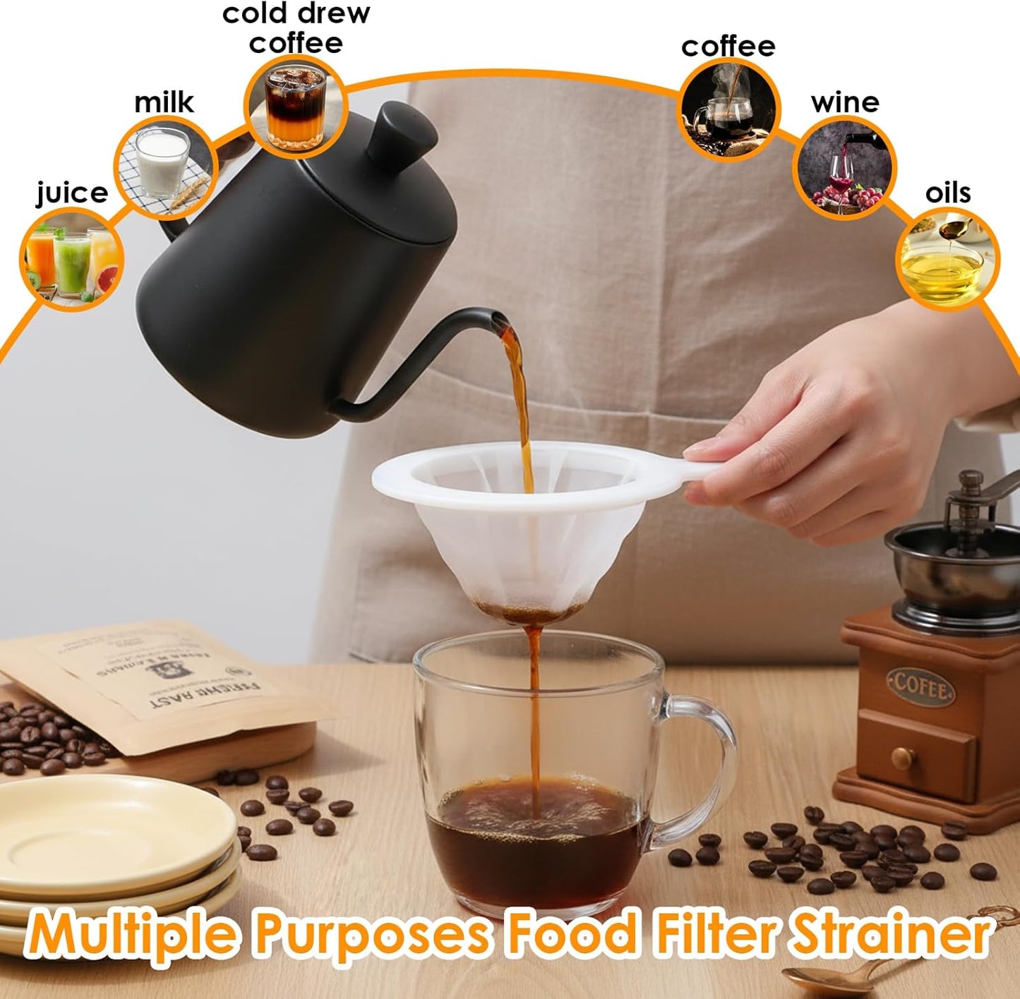 Grevosea 2 Pcs Fine Mesh Strainer Small Plastic Juice Strainer After Juicing Fine Mesh Sieve with Handle Cheese Cloths for Straining Tea Coffee Juice Yogurt and Soup Kitchen Accessories (200 Mesh)