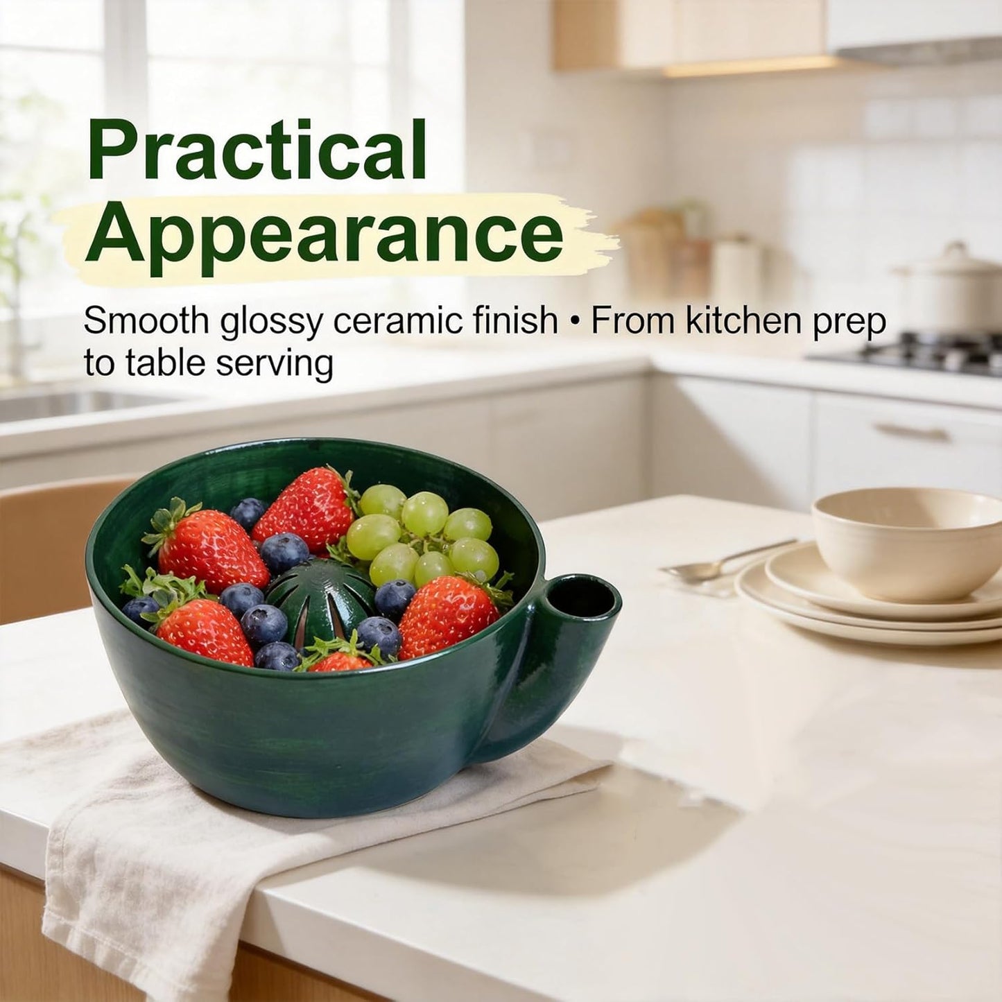 Self Spinning Ceramic Berry Washing Bowl, Berry Bowls with Holes Ceramic, 360° Rotating Fruit Strainer, Integrated Rapiddrain Base, for Fruits, Vegetables, Berries (1Pcs)