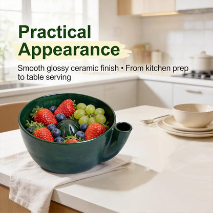 Self Spinning Ceramic Berry Washing Bowl, Berry Bowls with Holes Ceramic, 360° Rotating Fruit Strainer, Integrated Rapiddrain Base, for Fruits, Vegetables, Berries (1Pcs)