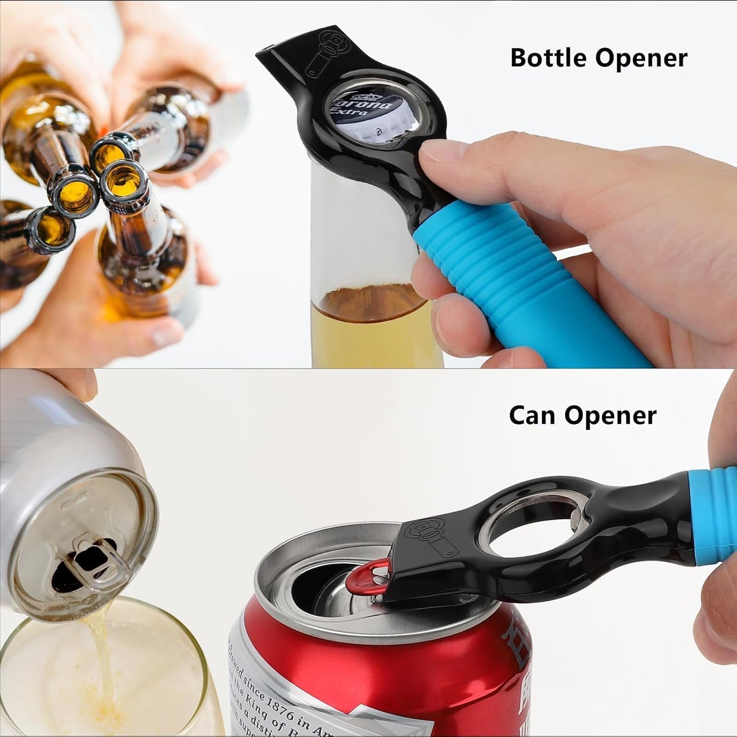2-Pack Magnetic Beer Bottle Opener & Soda Can Opener, 2-in-1 Bottle Opener and Can Tab Opener Tool for Bartender, Long Nails, Arthritis, Seniors, Silicone Handle with Build in Magnet - Black