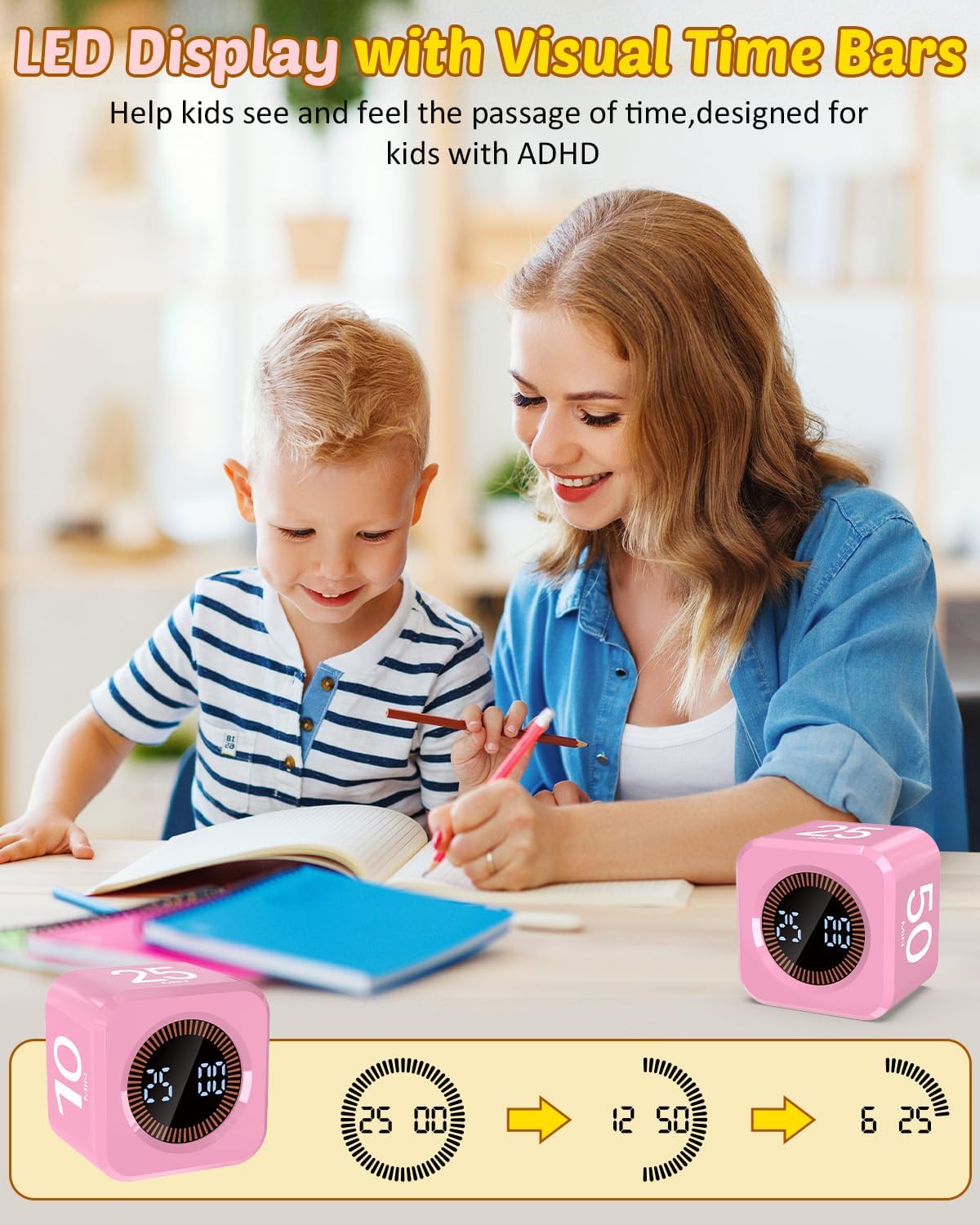 Digital Pomodoro Timer Cube 5/10/25/50min, Visual Productivity Flip Timer for Kids Classroom Desk, Custom Countdown, Silent and Sound Mode for ADHD Study Work Game Kitchen (Orange)