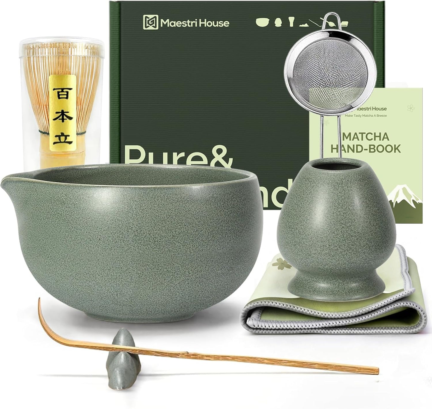 Maestri House Matcha Whisk Set, 7-Pc Complete Matcha Kit with Spouted Ceramic Bowl, Bamboo Whisk and Holder, Scoop, Spoon Rest & Sifter, Tea Cloth – Ideal Gift for Matcha Lovers (Green)