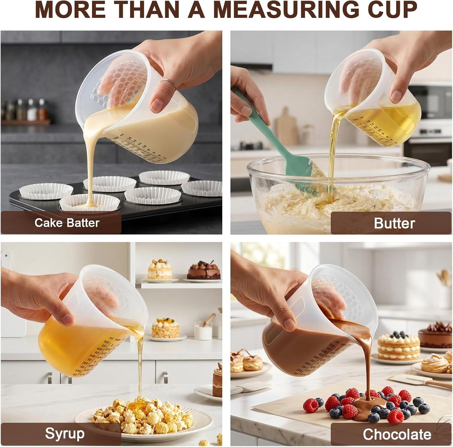 Palksky Silicone Chocolate Melting Cup Set with 4 Silicone Measuring Cups (250ml & 350ml) and 4PCS Heat-Resistant Jar Spatulas, Non-Stick Baking Tools for DIY Chocolate, Butter & Cream Mixing