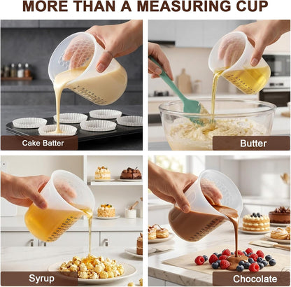 Palksky Silicone Chocolate Melting Cup Set with 4 Silicone Measuring Cups (250ml & 350ml) and 4PCS Heat-Resistant Jar Spatulas, Non-Stick Baking Tools for DIY Chocolate, Butter & Cream Mixing