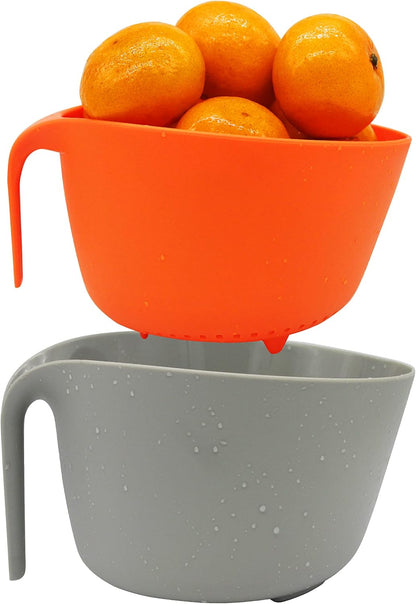 2 in 1 Colander with Long Handle Strainer and Mixing Bowl, Fruit Vegetable Washing Basket, Double Layered Strainer, Non-slip Bottom, Stackable, Dishwasher Safe, Soaking Draining and Straining