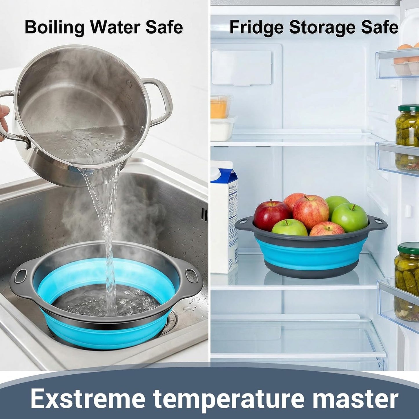 3-Pack Foldable Colander Set with Over-Sink Draining Tray, Foldable Kitchen Strainers, Space Saving Kitchen Drainer for Vegetables, Fruit, Pasta and Rice (Blue&Gray)