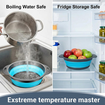 3-Pack Foldable Colander Set with Over-Sink Draining Tray, Foldable Kitchen Strainers, Space Saving Kitchen Drainer for Vegetables, Fruit, Pasta and Rice (Blue&Gray)