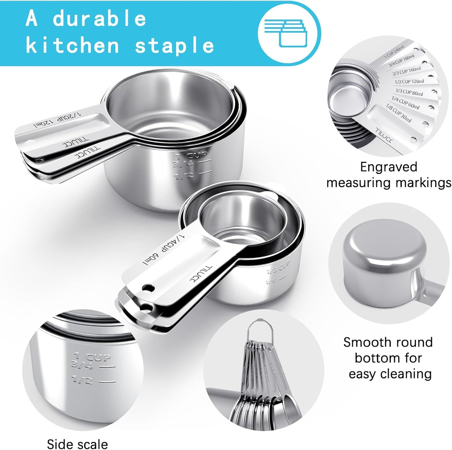 TILUCK Stainless Steel Measuring Cups Set,Kitchen Gadgets for Cooking & Baking,Set of 5