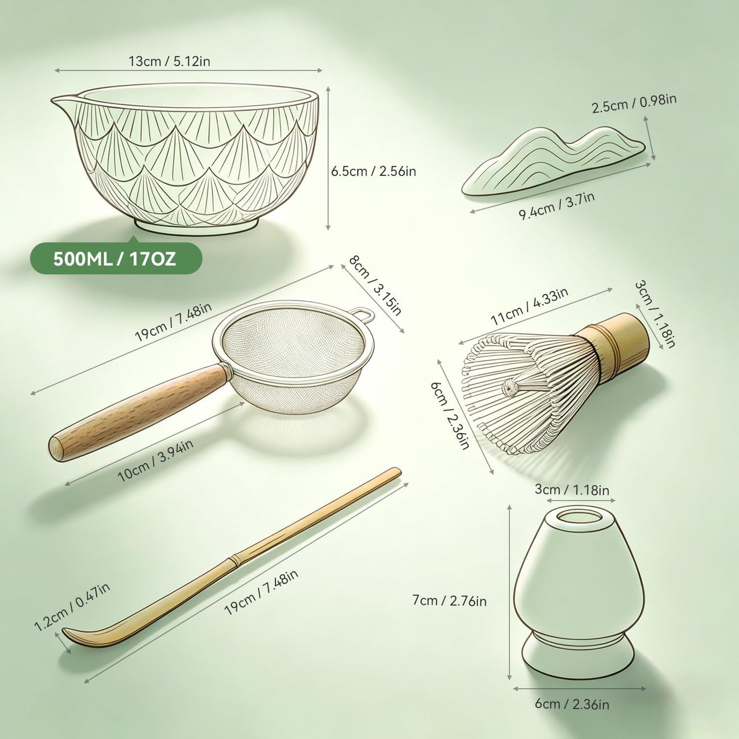 Matcha Whisk Set,Ceramic Matcha Kit Set Includes Matcha Bowl, Bamboo Whisk and Holder, Bamboo Scoop, Scoop Rest and Sifter - 6 Pcs for Tea Ceremony,Gifts for Family/Friend(Mottled Green)