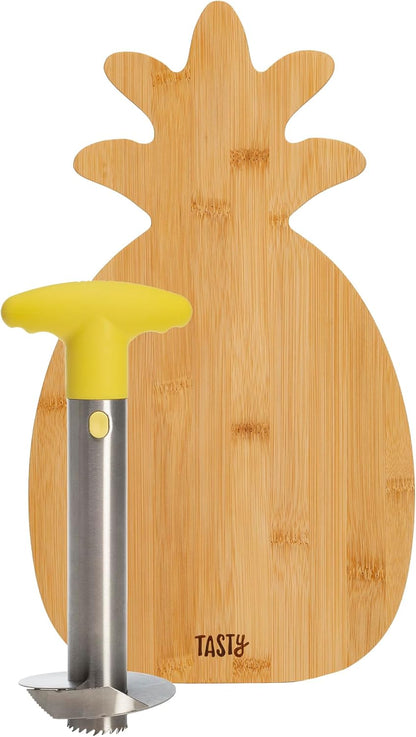 Tasty Pineapple Slicer and Bamboo Board Set, Cores and Slices Pineapples, Set Includes Renewable Bamboo Pineapple Shaped Cutting Board and Stainless Steel Slicer with Nonslip Handle, 2-Piece Set