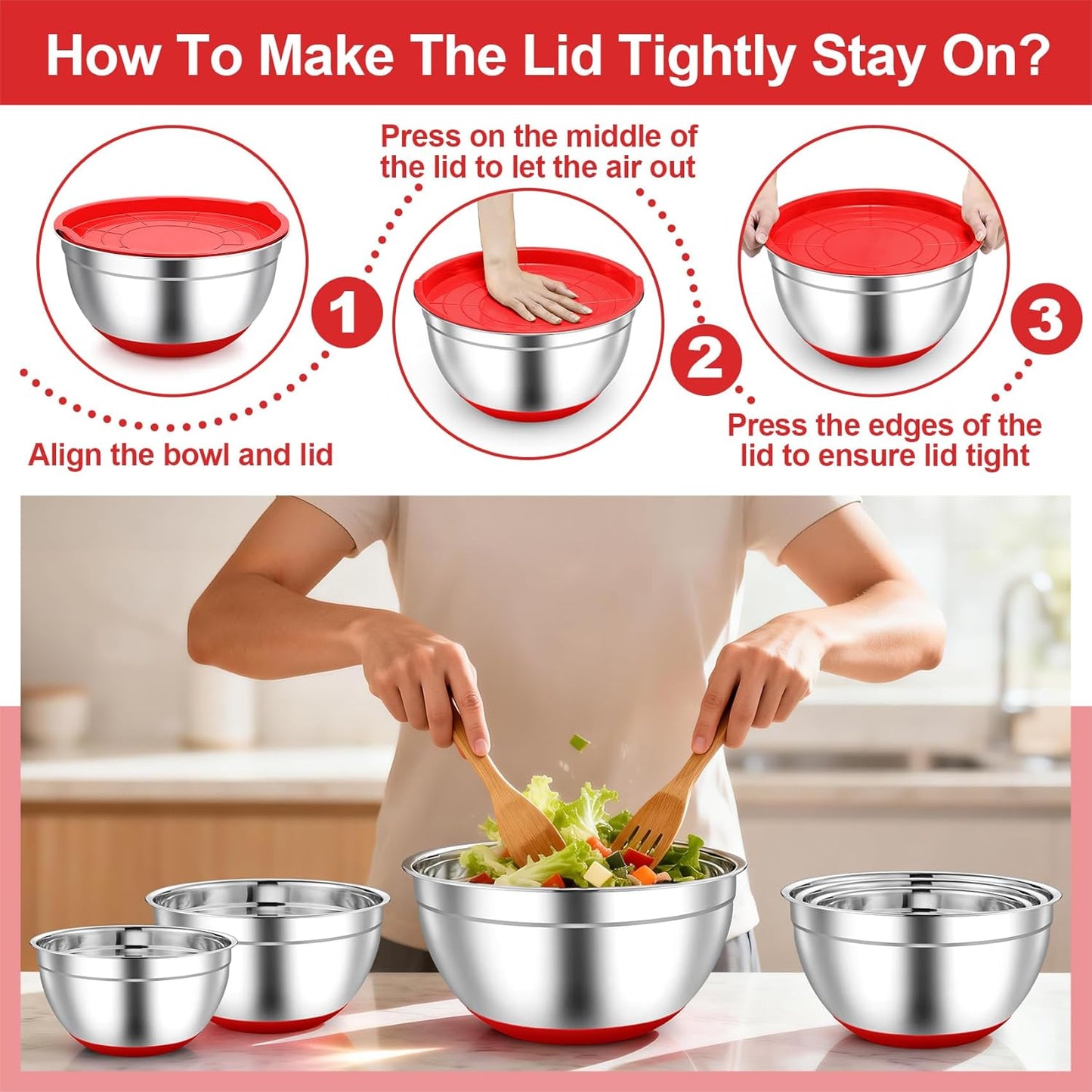 TeamFar Mixing Bowls, Black Mixing Bowls with Lids Set, Stainless Steel Nesting Salad Bowl with Air-tight Lid & Silicone Bottom, Non Slip & Stackable - Set of 6-4.6/2.6/2 / 1.5/1 / 0.7 Qt