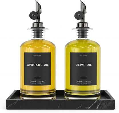 Verspace UV-Protected Green Glass Olive Oil Dispenser Bottles For Kitchen - 2 Pack - 12oz Includes 40 Kitchen Essential Labels, Avocado Oil Dispenser Set, Modern Decor for Home, Airbnb, Cafe