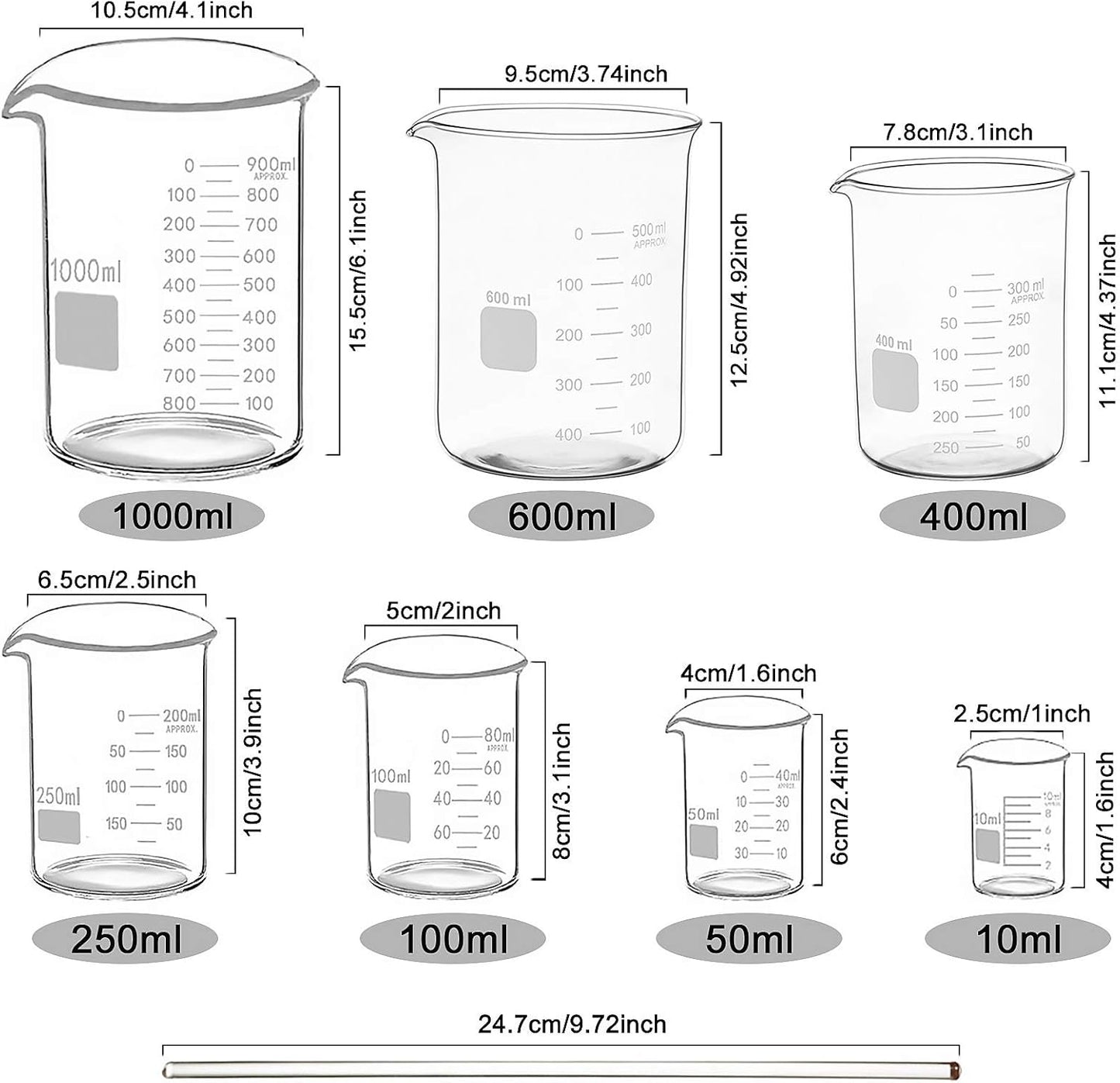 Graduated Glass Measuring Low Form Beaker Set (50ml+100ml+250ml)