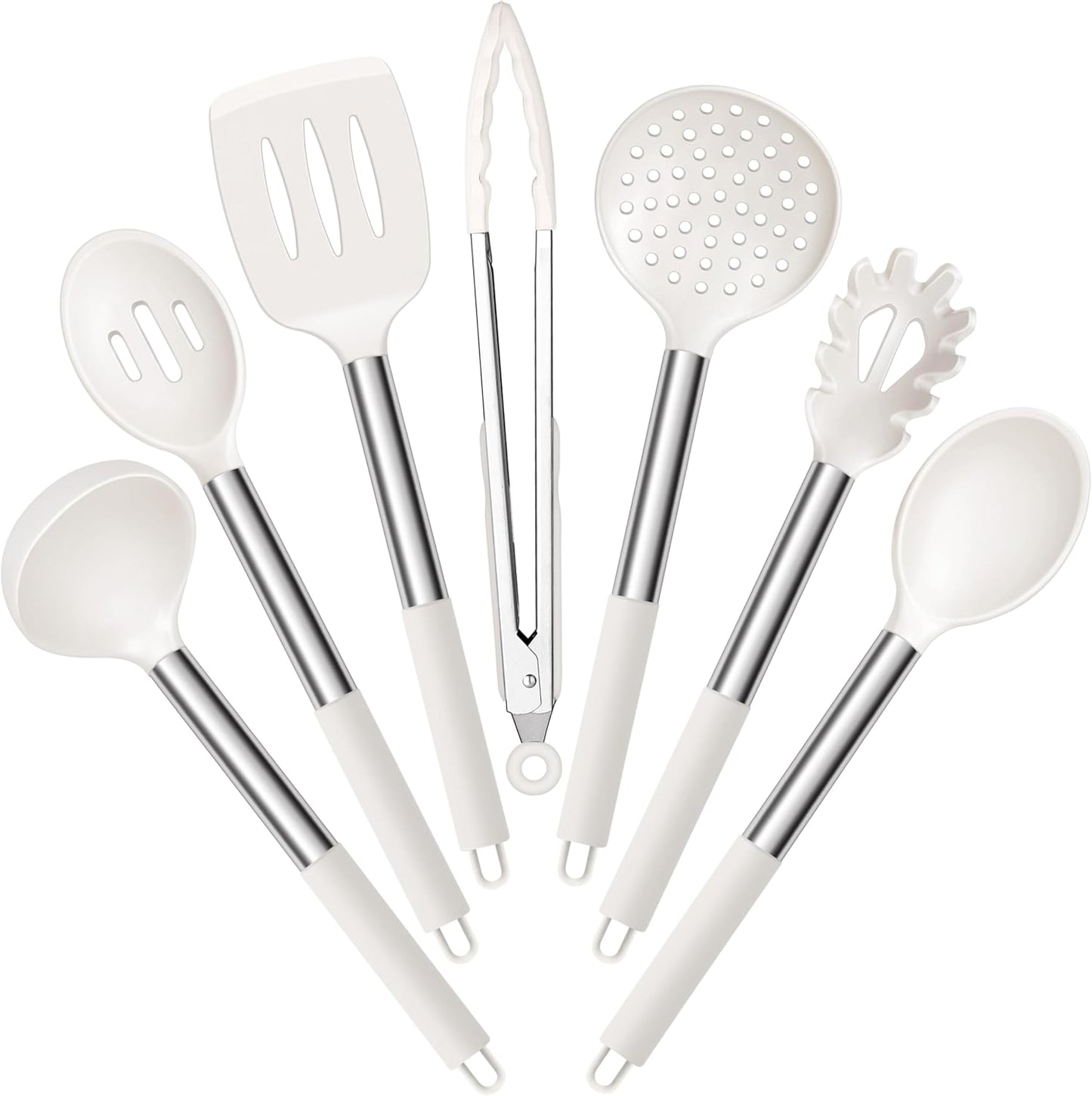 E-far Silicone Cooking Utensils Set, 7 Pcs Heat Resistant Kitchen Utensils with Stainless Steel Handle, Slotted Turner, Spoon, Soup Ladle, Pasta Server, Skimmer, Tongs for Nonstick Cookware, Black