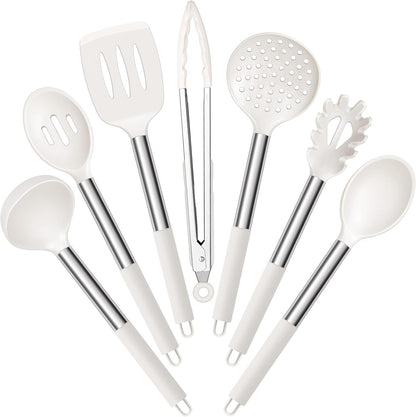 E-far Silicone Cooking Utensils Set, 7 Pcs Heat Resistant Kitchen Utensils with Stainless Steel Handle, Slotted Turner, Spoon, Soup Ladle, Pasta Server, Skimmer, Tongs for Nonstick Cookware, Black