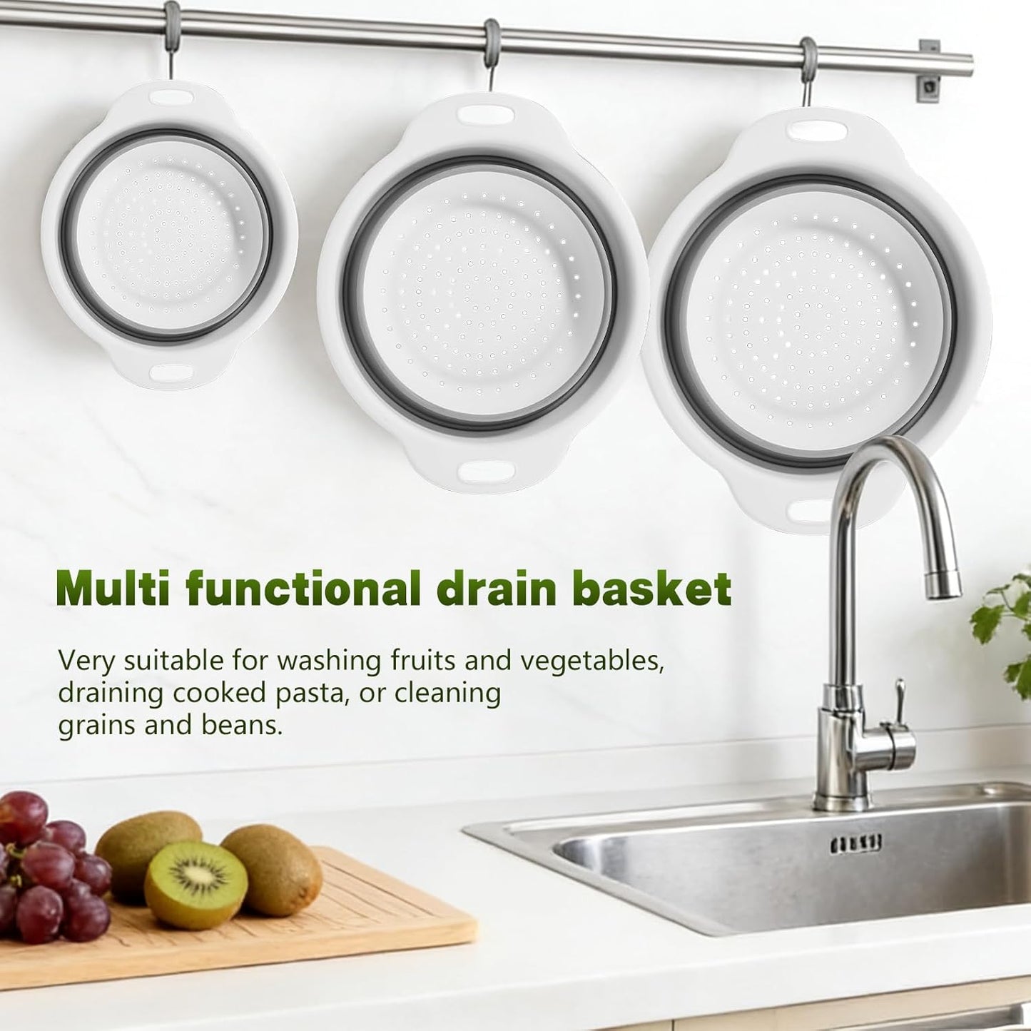 Collapsible Colander Set & Food Strainer for Kitchen, 4 in 1 Kitchen Gadget Strainer with Draining Tray for Pasta Noodle Fruit & Vegetable, 1 Pack