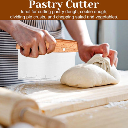 Dough Scraper, Stainless Steel Dough Scraper Cutter, Griddle Scrapers with Wooden Handle, Pizza Cutter for Flat Top Griddle, Bread and Pizza