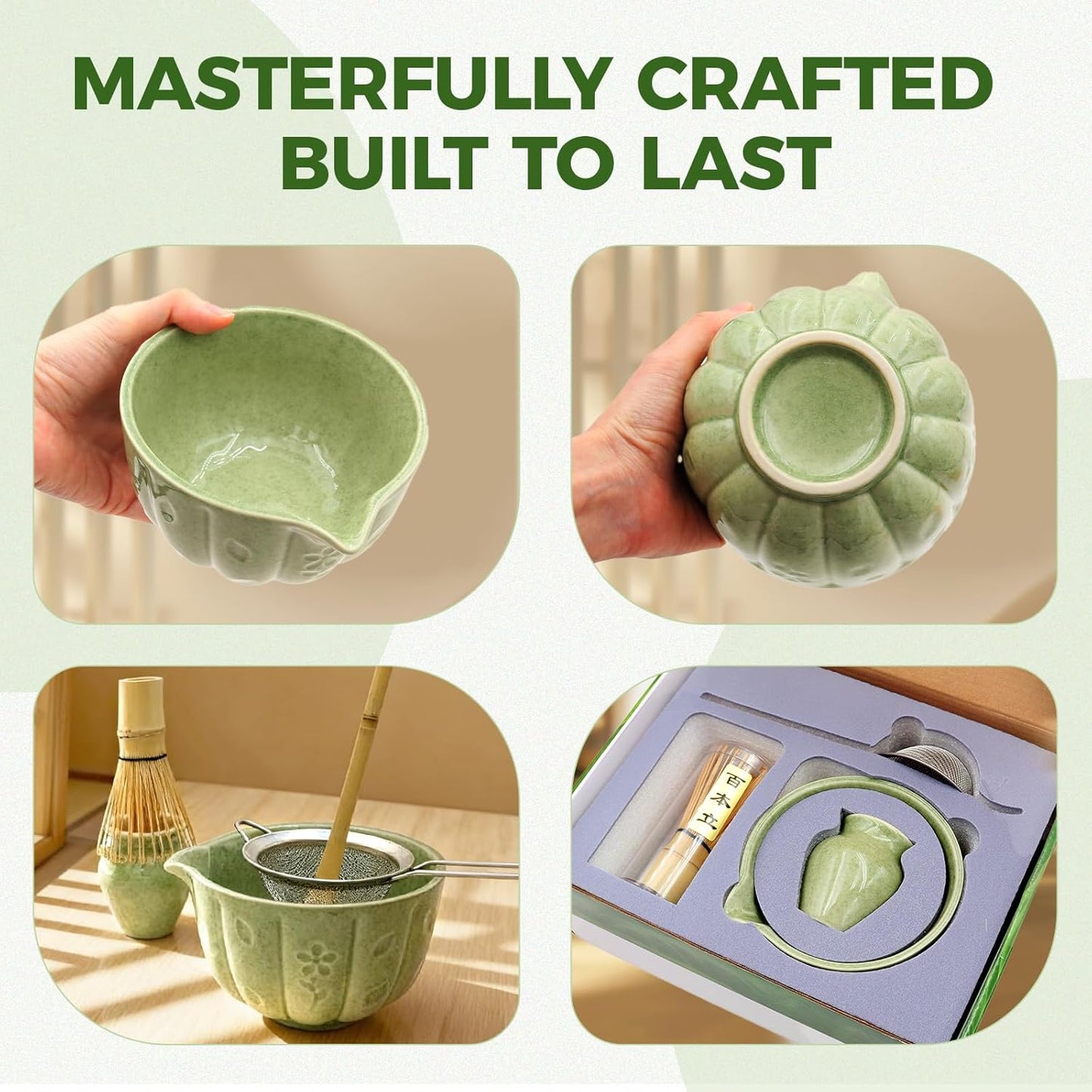Matcha Whisk Set-5pcs, 16OZ Japanese Tea Set Includes Matcha Bowl with Spout, Bamboo Whisk with Ceramic Holder, Bamboo Scoop and Stainless Steel Sifter