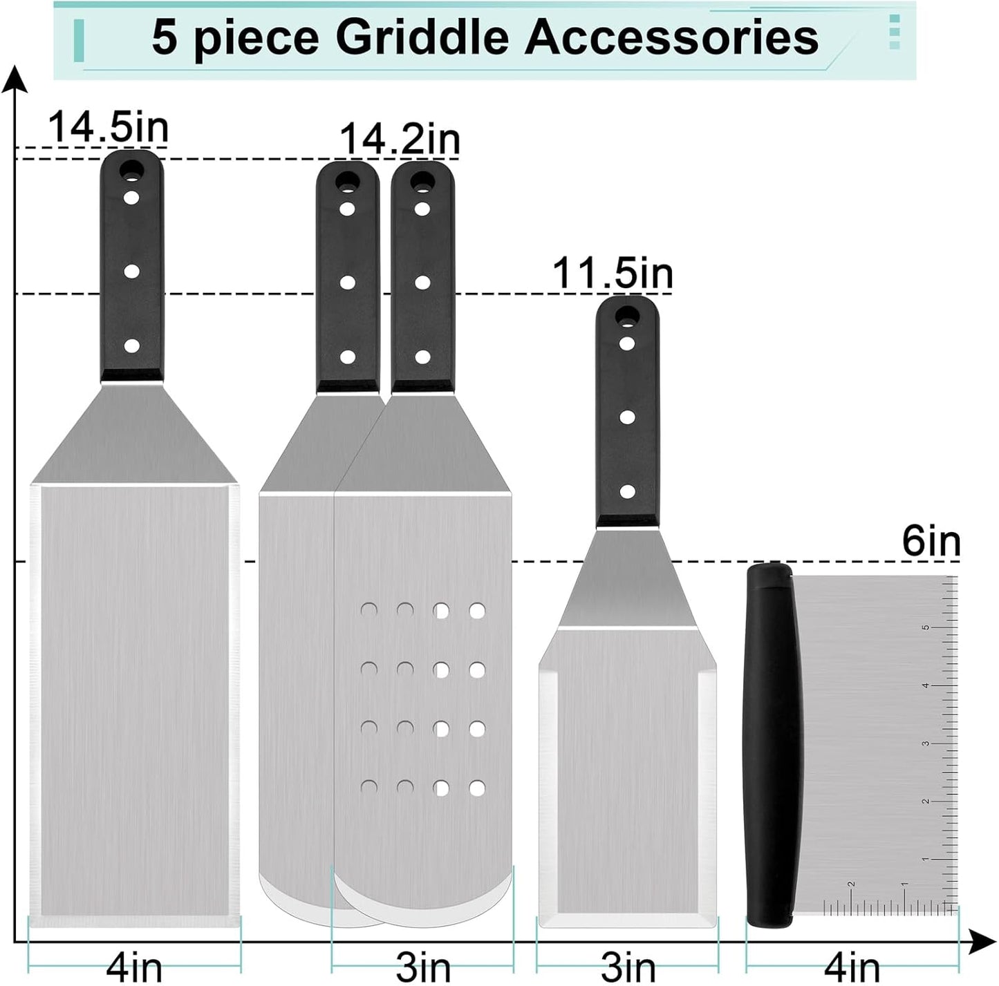 HaSteeL Griddle Accessories Kit of 5, Heavy Duty Metal Spatula, Professional Stainless Steel Flat Top Griddle Tools Set, Pancake Flipper/Griddle Scraper/Hamburger Turner for BBQ Grilling Cast Iron