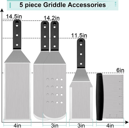 HaSteeL Griddle Accessories Kit of 5, Heavy Duty Metal Spatula, Professional Stainless Steel Flat Top Griddle Tools Set, Pancake Flipper/Griddle Scraper/Hamburger Turner for BBQ Grilling Cast Iron