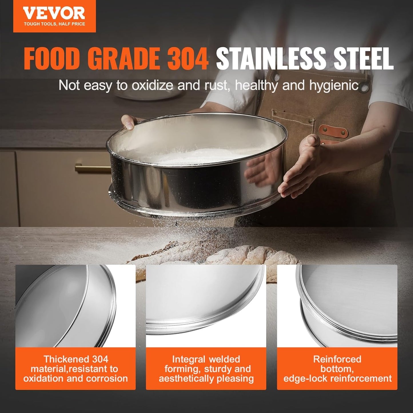VEVOR Fine Mesh Flour Sieve, 150 Mesh Sifter, 304 Stainless Steel Food-Grade, 12.6" Strainer for Baking, 5 Sizes Mesh Hole for Mungbean, Rice, Pearl Powder