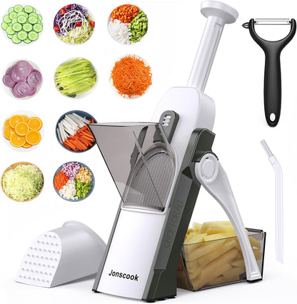 Safe Mandoline Slicer for Kitchen, Adjustable Thickness 0.1-8 mm, 5 in 1 Multi Vegetable Chopper, Potato Slicer, Food Chopper French Fry Cutte, Paring Knife/Cleaning Brush, Mandolin (BlackKnight)