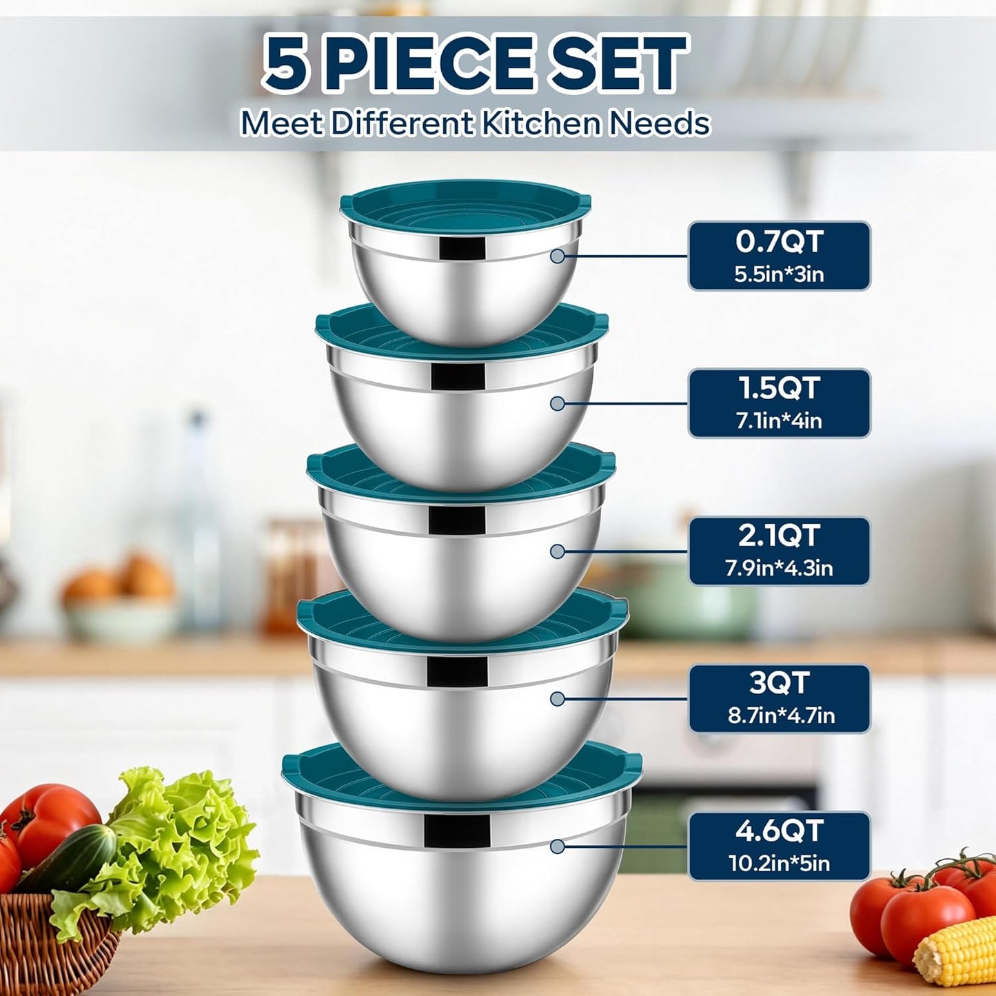 E-far Mixing Bowls with Lids, 6-Piece Stainless Steel Salad Bowls Metal Nesting Bowls for Baking Cooking and Prepping, Airtight Lids & Stackable Design, Size 4.5, 3, 1.5 QT (Black)