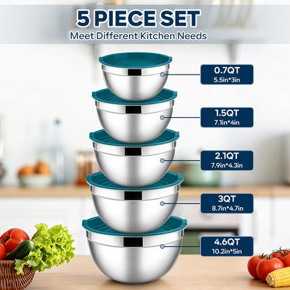 E-far Mixing Bowls with Lids, 6-Piece Stainless Steel Salad Bowls Metal Nesting Bowls for Baking Cooking and Prepping, Airtight Lids & Stackable Design, Size 4.5, 3, 1.5 QT (Black)