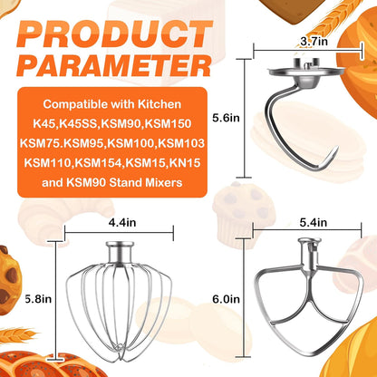 3 Pack Mixer Attachments Set for KitchenAid 4.5-5 Quart Tilt-Head Stand Mixers, Replacement Parts Kit with K45DH Dough Hook, K45B Coated Flat Beater, Stainless Steel K45WW Wire Whip, Dishwasher Safe