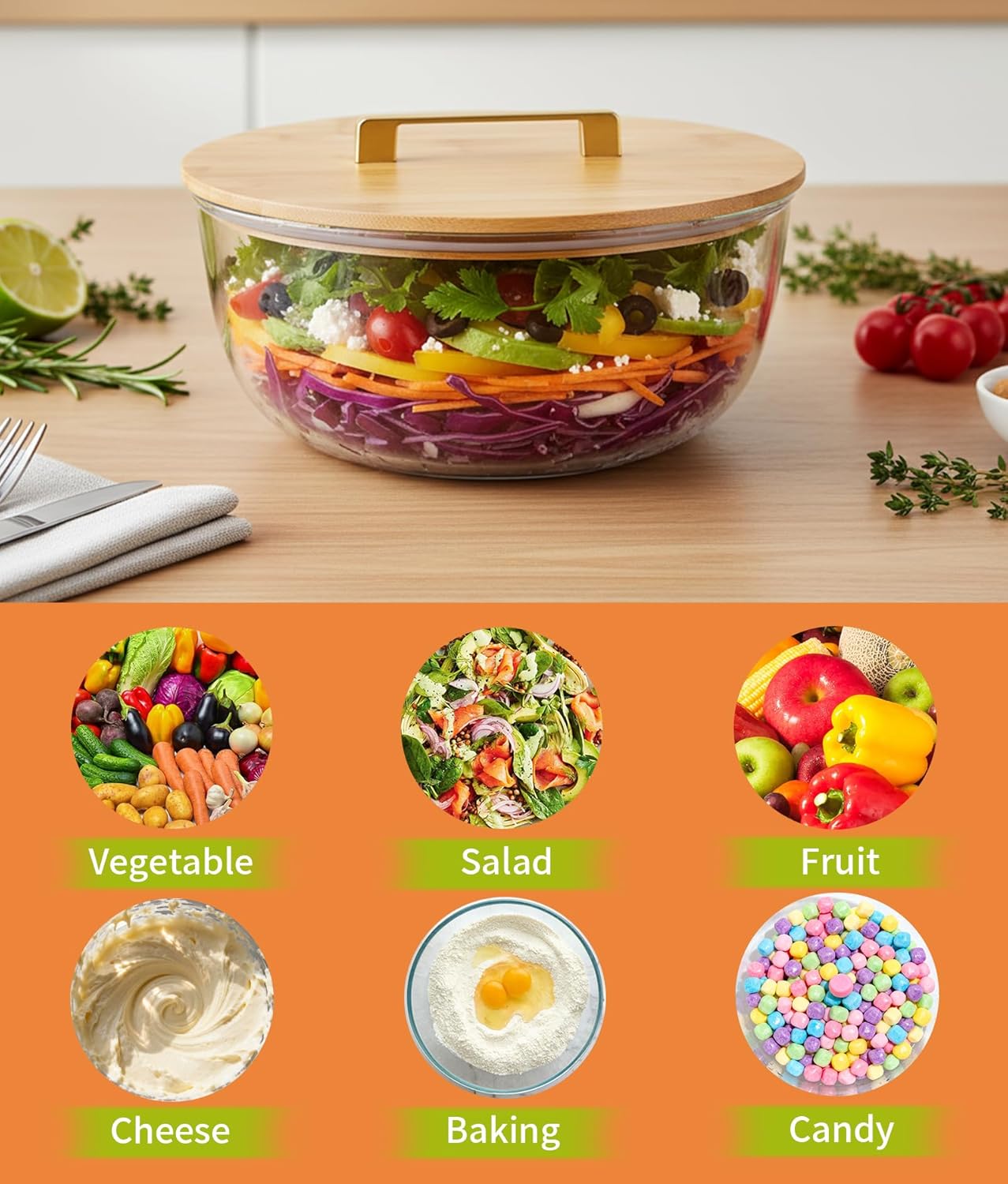 6.5Qt Extra Large Glass Mixing Bowl with Lid, Clear Large Salad Bowls with Airtight Bamboo Lid & Handle,Thickened Glass Big Mixing Bowls Cooking Bowl for Food Prep, Kitchen,Dinner, Borosilicate Glass