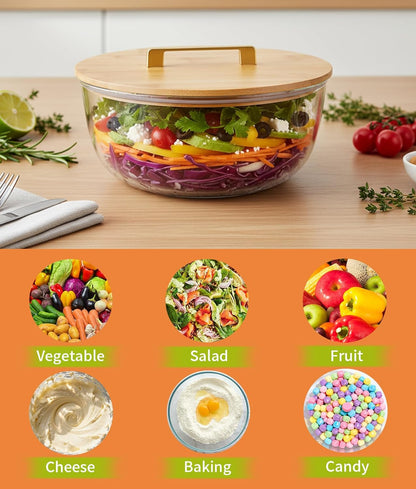 6.5Qt Extra Large Glass Mixing Bowl with Lid, Clear Large Salad Bowls with Airtight Bamboo Lid & Handle,Thickened Glass Big Mixing Bowls Cooking Bowl for Food Prep, Kitchen,Dinner, Borosilicate Glass