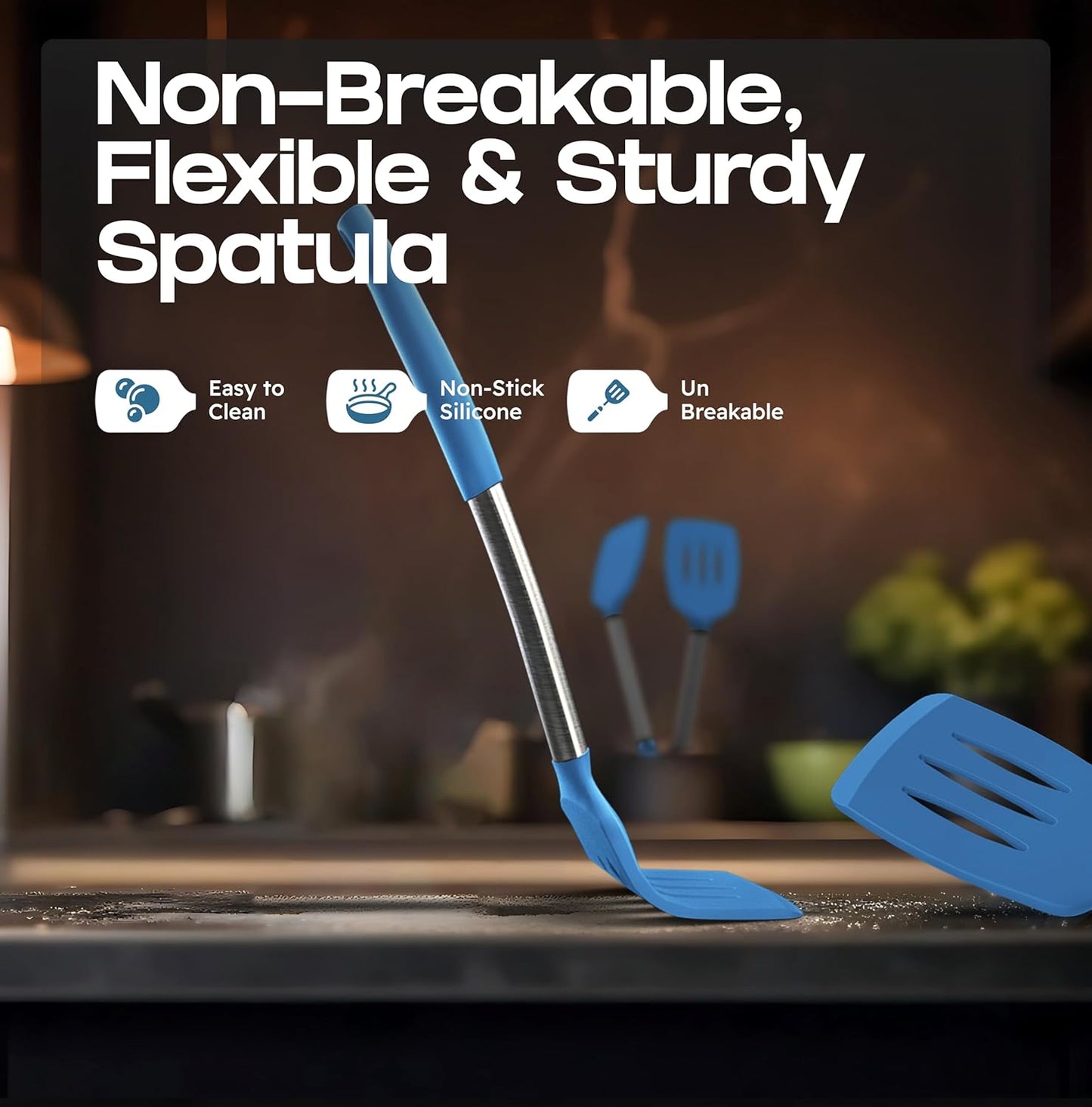 BakeRoyal Silicone Spatula Set - Turner Spatulas Silicone Heat Resistant 600°F - Slotted & Solid Spatula for Cooking Fish, Eggs, Pancakes Flipper – Spatulas for kitchen use – Royal Blue