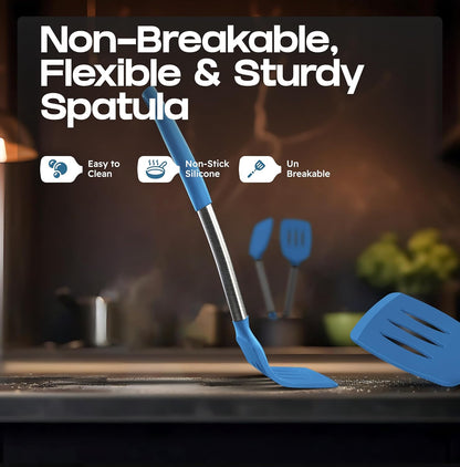 BakeRoyal Silicone Spatula Set - Turner Spatulas Silicone Heat Resistant 600°F - Slotted & Solid Spatula for Cooking Fish, Eggs, Pancakes Flipper – Spatulas for kitchen use – Royal Blue