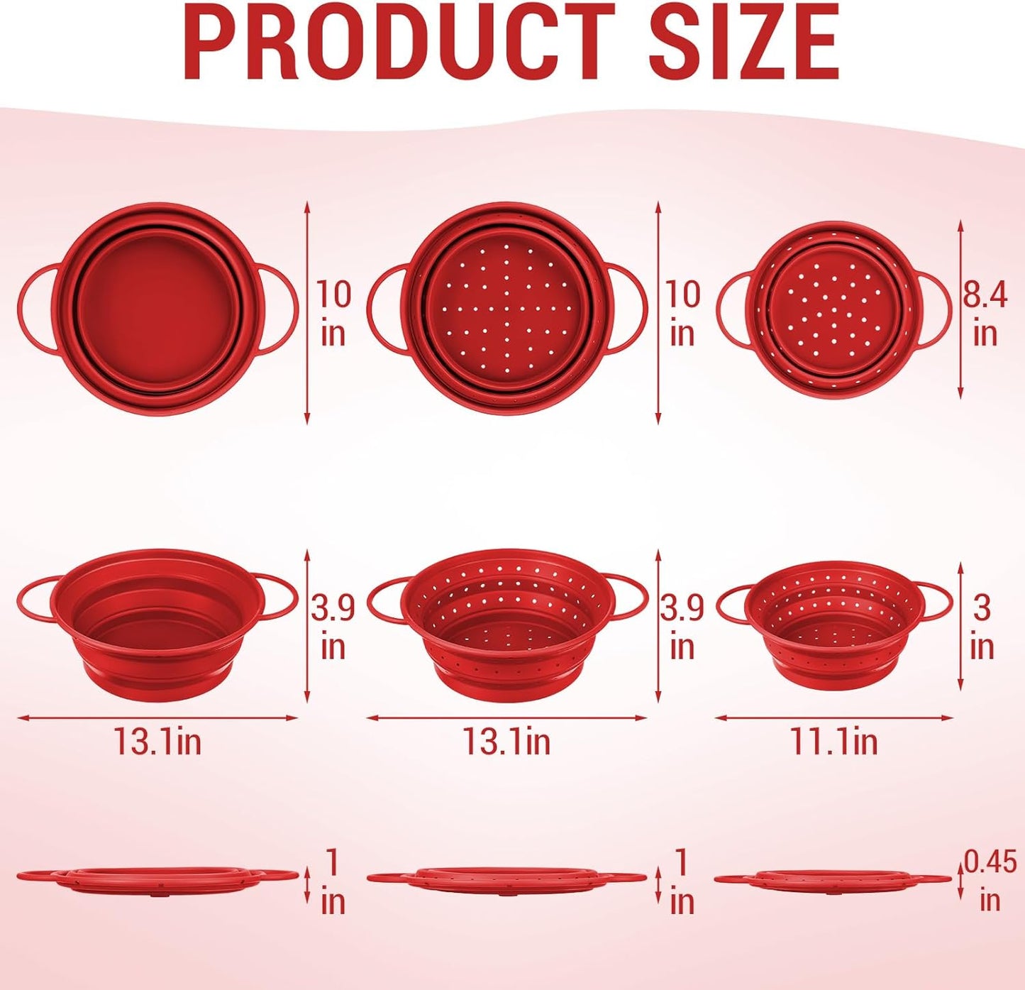 3 Pack Collapsible Colander with Strainer Bowl Set, 11 & 13 In BPA-Free Silicone Colanders for Kitchen, Heat-Resistant Space-Saving Strainer Dishwasher Safe Baskets for Vegetable Fruits(Grey)