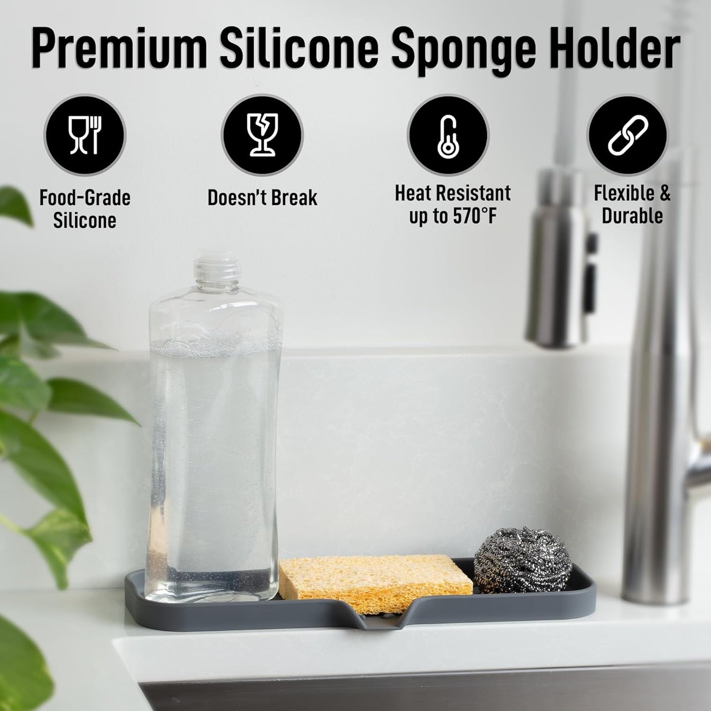 Zulay Kitchen (9x3.5in Sponge Holder for Kitchen Sink - Flexible Heavy-duty Multipurpose Sink Caddy - Counter Organizer for Kitchen, Bathroom, Makeup, Trinkets & More! (Grey)