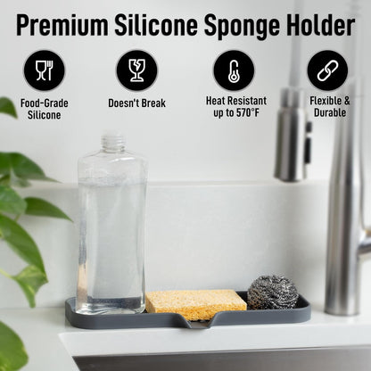 Zulay Kitchen (9x3.5in Sponge Holder for Kitchen Sink - Flexible Heavy-duty Multipurpose Sink Caddy - Counter Organizer for Kitchen, Bathroom, Makeup, Trinkets & More! (Grey)