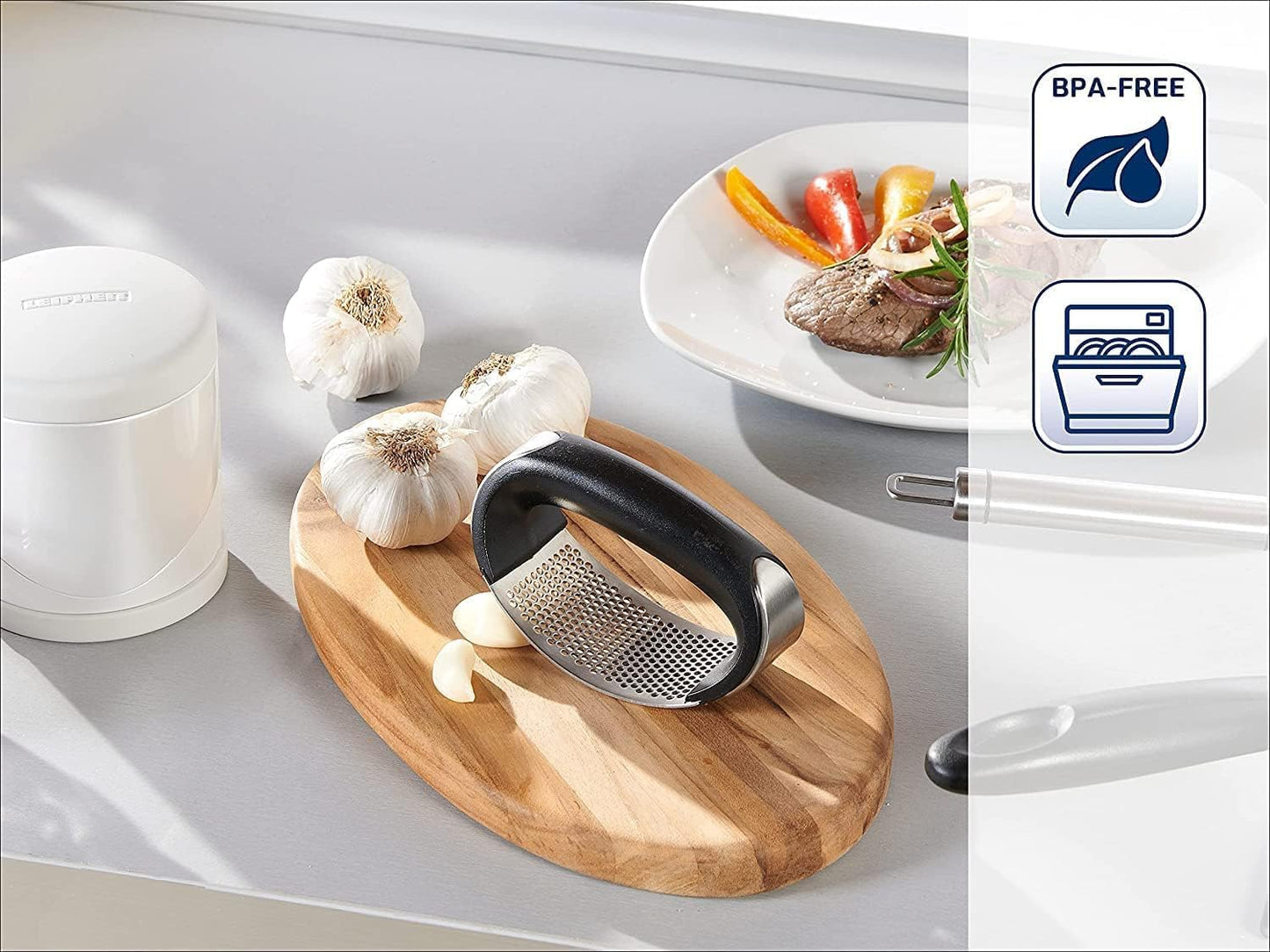 Leifheit Garlic-King Proline Garlic Press Rocker, Time Saving, Durable Strong Mincer Tool - Easy to Use & Clean Crusher, Dishwasher Safe, Kitchen Gadget Smasher, Black/Silver