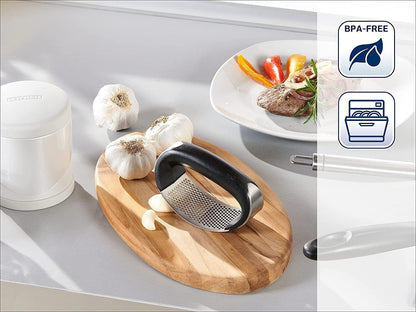 Leifheit Garlic-King Proline Garlic Press Rocker, Time Saving, Durable Strong Mincer Tool - Easy to Use & Clean Crusher, Dishwasher Safe, Kitchen Gadget Smasher, Black/Silver