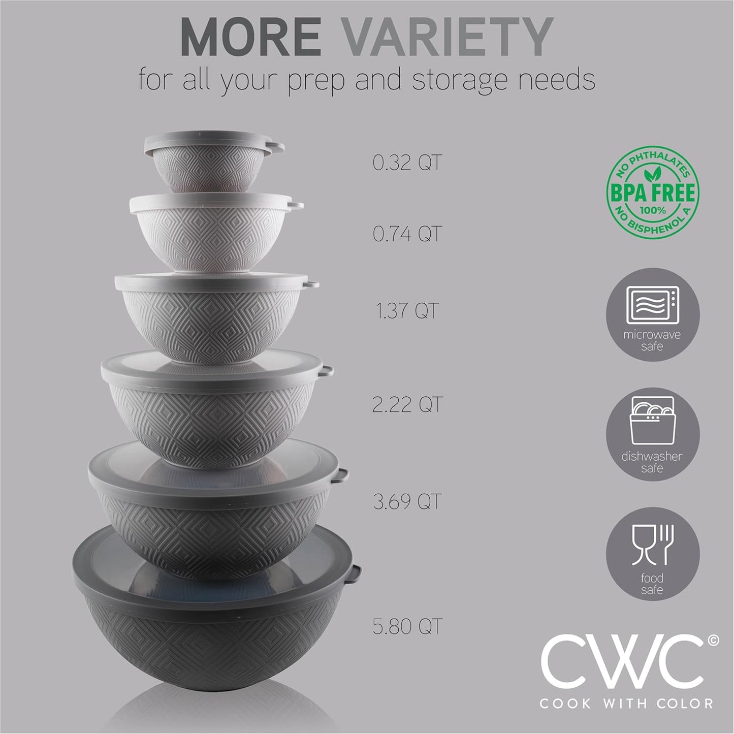 COOK WITH COLOR Mixing Bowls with Lids - 12 Piece Plastic Nesting Bowls Set includes 6 Prep Bowls and 6 Lids, Microwave Safe Mixing Bowl Set, Sage Embossed - Colors A