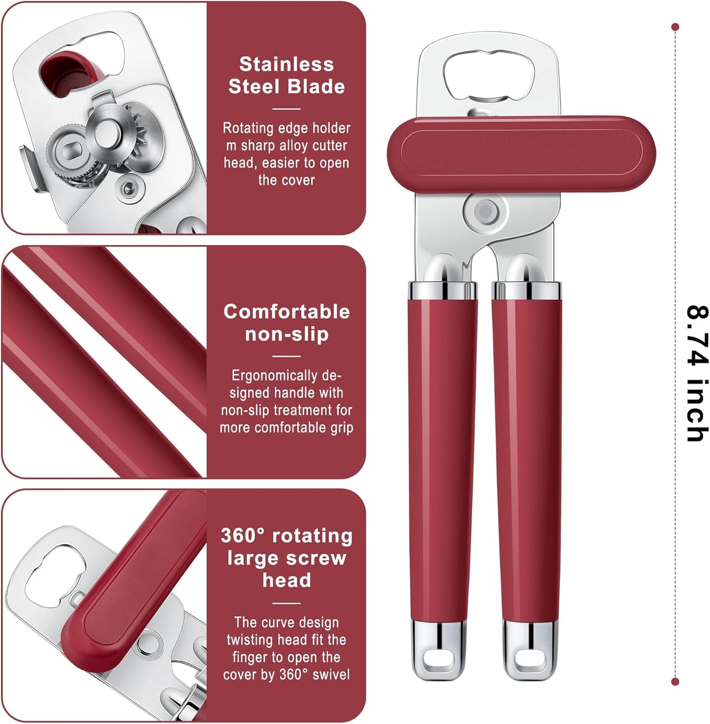 Urbanstrive XL Large Heavy Duty Can Opener Manual Smooth Edge, Hand Held Can Openers for Seniors, Stainless Steel, Comfortable Handle, Built-in Bottle Opener, 8.66 inch (Red)