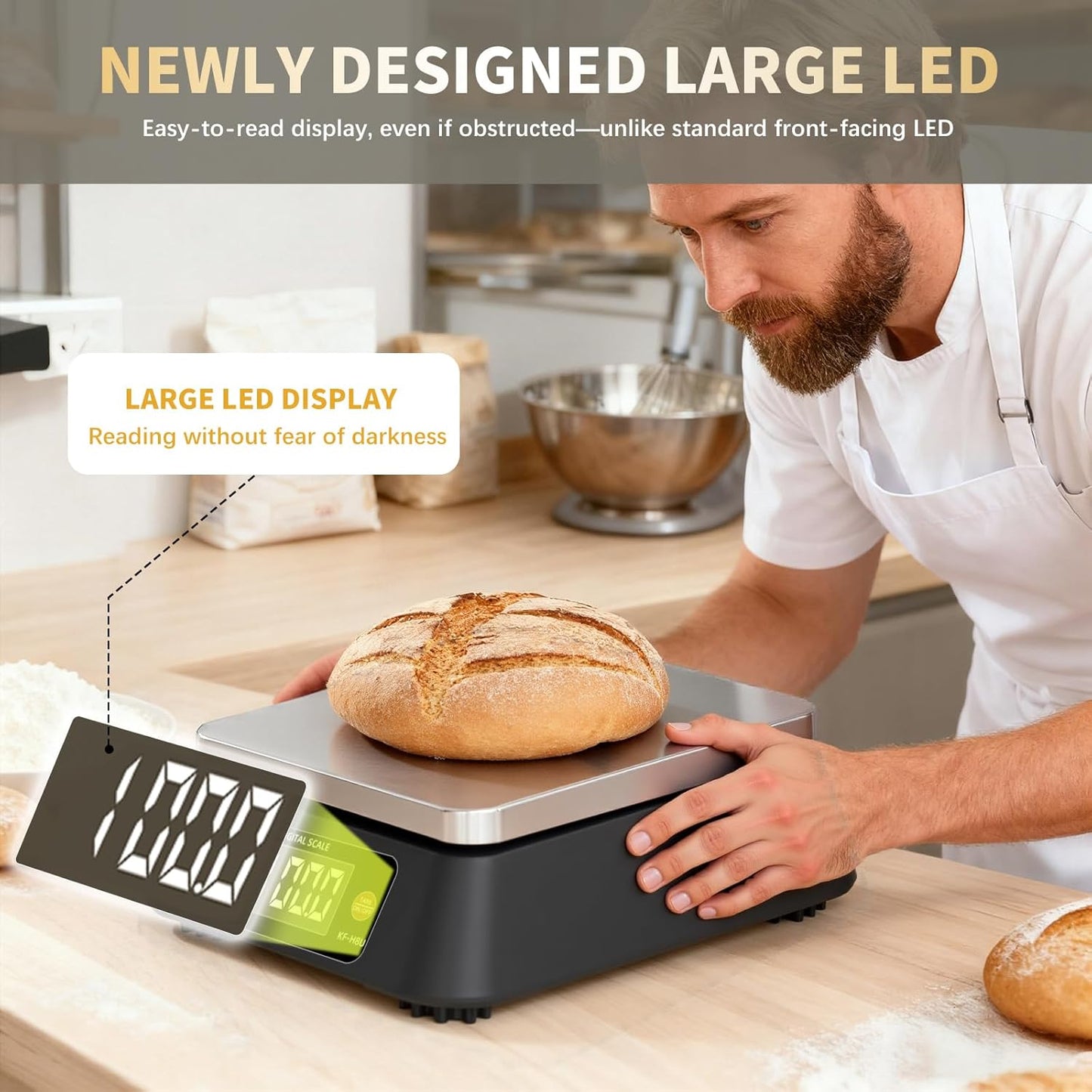 Kitchen Scales Digital Weight Grams and Ounces, YONCON KF-H8U Food Scale for Bakers, Candle and Soap Making, Baking Scale with Stainless Steel Large Platform, 22lb, 3*AA Batteries and AC Power Adapter