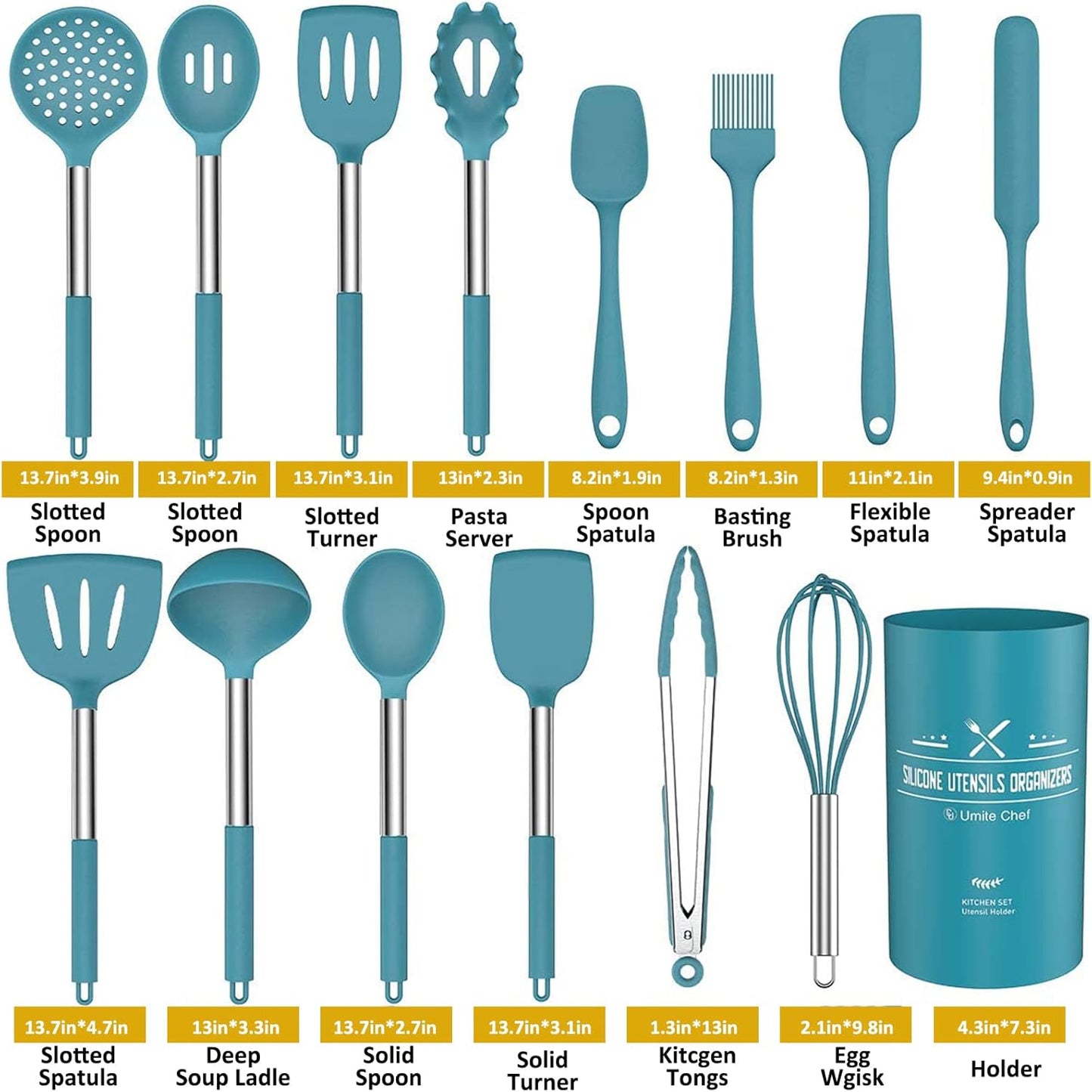 Silicone Cooking Utensil Set, Umite Chef 15pcs Silicone Cooking Kitchen Utensils Set, Non-stick - Best Kitchen Cookware with Stainless Steel Handle - Black Kitchen Utensils