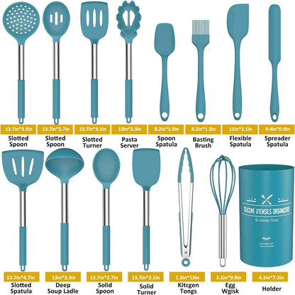 Silicone Cooking Utensil Set, Umite Chef 15pcs Silicone Cooking Kitchen Utensils Set, Non-stick - Best Kitchen Cookware with Stainless Steel Handle - Black Kitchen Utensils
