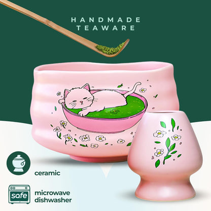 Aprika Life Matcha Bamboo Whisk Set with Holder | 100 Prong Chasen, Bamboo Scoop & Glass Whisk Holder | Matcha Whisk and Holder Starter Kit